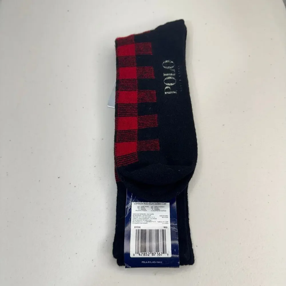 Polo Ralph Lauren Lambs Wool Blend Socks Red & Black Buffalo Plaid Check Print